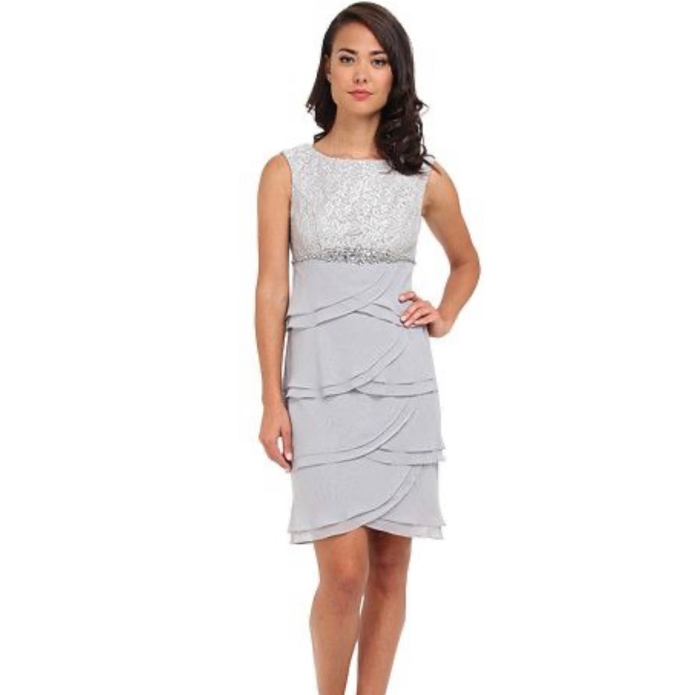 Jessica Howard Tiered Ruffle Lace Beaded Appliqué Dress - Silver/Gray - Size 14